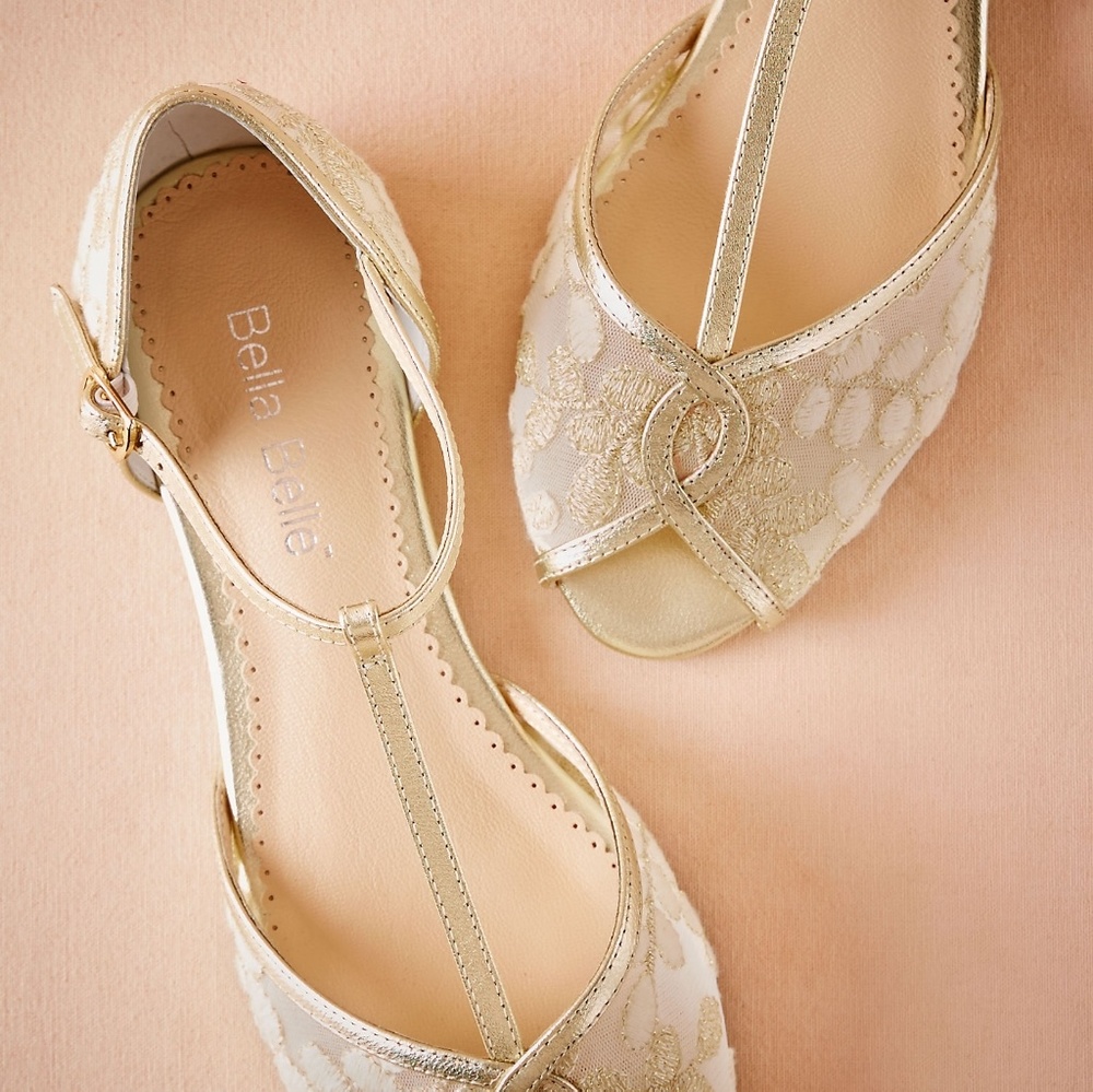 BHLDN Maisie Embroidered T-Strap Gold Flats 10 NEW
